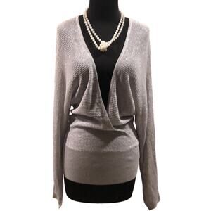Cache Knit Silver Metallic Peek A Boo Faux Wrap Top New Banded Bottom $98 NWT